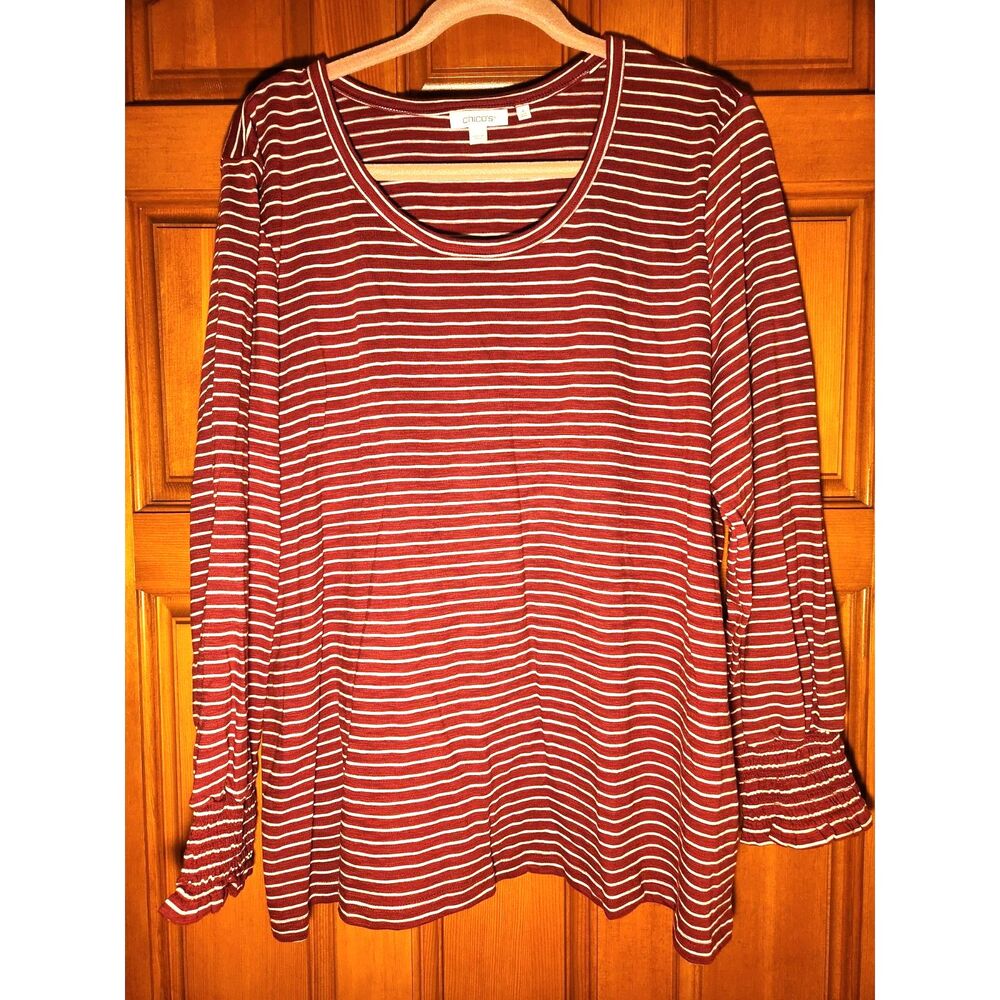 Chico's Red & White Striped Top Long Sleeve Scoop Neck Top Ruffle Cuffs Size XXL